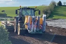 J D O'Hare sowing maize for Bannwater Holsteins, Ballynahinch, earlier this week. Picture: Kenneth Brown