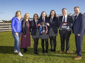 From left: Naomi Patterson, who was the team’s CAFRE mentor; their teacher Carol Alexander, with winning Newtownhamilton High School pupils Aimee McCombe, Sophie McKnight and Ellen Bailie; also pictured Managing Director of ABP in Northern Ireland George Mullan General Manager of Certified Irish Angus, Charles Smith.