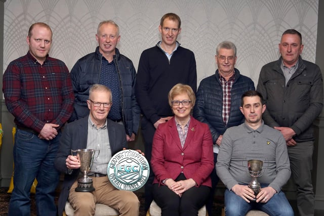 Prizewinners in Fermanagh Grassland Club's Vaughan Trust sponsored Grazing Competition (front, from left) Philip Clarke, winner of the Stevenson Cup and Fermanagh Grassland Club plaque; Olwen Gormley, Vaughan Trust; Stephen Maguire, winner of the Todd Cup (back row) Gordon Elliott, Michael McCaughey, Robert Graham, who judged the competition; Robert McCrea and Roy Mayers. Pic: Raymond Humpreys