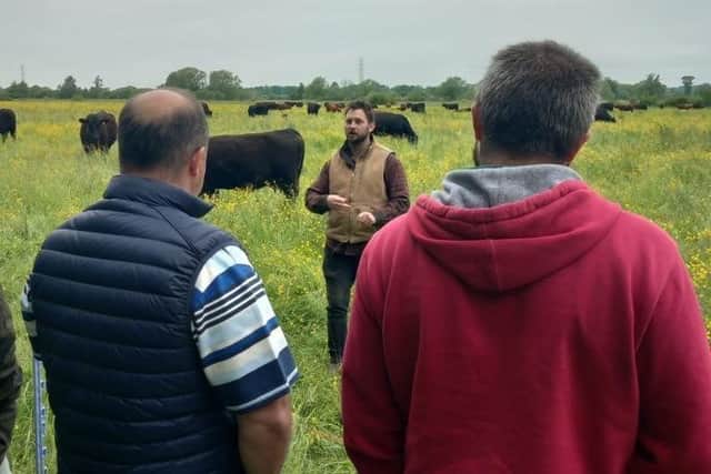 FAI Oxfordshire farm manager Silas, Hedley-Lawrence explains how the 100 cow suckler herd and followers graze paddocks on the principle of a move every 48 hours. Picture: DAERA