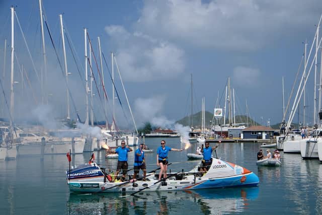 The Brightsides rowing team arrive in Antigua after rowing 3,200 miles across the Atlantic Ocean (photo credit – C-Map Atlantic Dash)