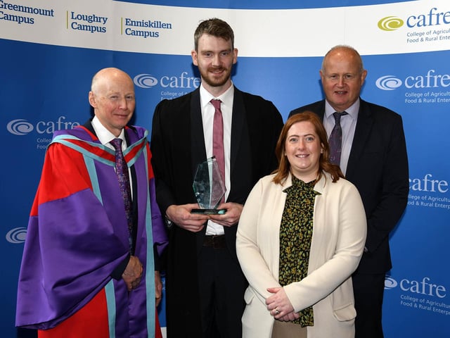 Peter Colgan (Omagh) was presented with the Department of Agriculture, Environment and Rural Affairs Prize as the most notable Apprenticeship student at the Loughry Campus Further Education Awards Ceremony. Peter was congratulated on his Apprenticeship training success by Dr Eric Long (Head of Education Service, CAFRE) and company representatives Raymond Hemphill and Fionnula Horisk (Kerry Foods).Peter intends to continue his studies at CAFRE progressing on to a Higher Level Apprenticeship in Food and Drink Manufacture at Loughry Campus. (Pic: CAFRE)