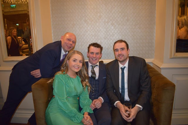 Lyle McMullan, Kathryn and Daniel Marshall and Stephen Hamilton catch up at the Holestone YFC 80th anniversary dinner at the Galgorm Resort. Picture: Holestone YFC