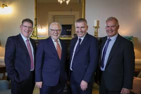 Dairy Council vice-Chair Dermot Farrell, outgoing CEO Mike Johnston with his successor Ian Stevenson, and DCNI Chair Norman Thompson. Pic: PressEye
