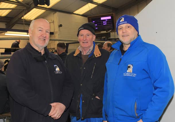 Pictured at the December Dungannon Dairy Sale are, Noel McCorry, centre, with John Sproule and David Dunlop AI Services (NI) Ltd. Picture: Julie Hazelton