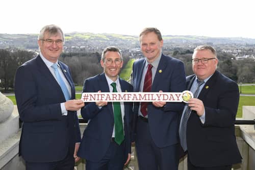 AERA Committee chair Tom Elliott, DAERA Minister Andrew Muir, UFU president David Brown and AERA committee deputy chair Declan McAleer pictured at Stormont on NI Farm Family Day. Picture: UFU
