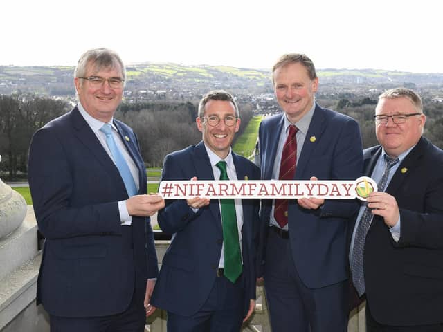 AERA Committee chair Tom Elliott, DAERA Minister Andrew Muir, UFU president David Brown and AERA committee deputy chair Declan McAleer pictured at Stormont on NI Farm Family Day. Picture: UFU
