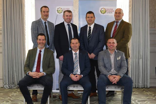 Winter wheat: L –R is Back row David Wilson (2nd place), Michael Maher (Bayer CropScience), Jonathan Dunn (Fane Valley), John McLenaghan (UFU deputy president). Front row William Wilson (2 nd place), Mark McCollum (1st place) and Christopher Gill (3rd place).