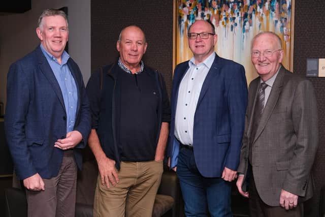 Visitors to the Northern Ireland Food Chain Certification AGM in Lisburn. Included from left are: David Gibson, NI Poultry Federation (Moy Park); Crosby Cleland, NIFCC Committee; Nigel Scollan (QUB) and Liam McNeill, outgoing Certification Committee Chairman. Photograph: Columba O'Hare/ Newry.ie 