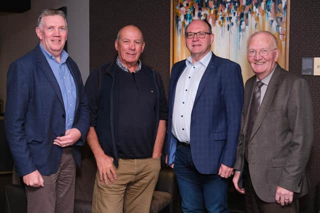 Visitors to the Northern Ireland Food Chain Certification AGM in Lisburn. Included from left are: David Gibson, NI Poultry Federation (Moy Park); Crosby Cleland, NIFCC Committee; Nigel Scollan (QUB) and Liam McNeill, outgoing Certification Committee Chairman. Photograph: Columba O'Hare/ Newry.ie 