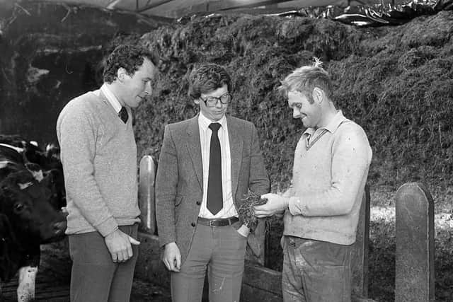 Pictured in October 1982 discussing silage quality are Sinclair Robson, right, with Roy McClenaghan, left, DANI, Ballyclare. Picture: Farming Life/News Letter archives