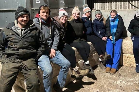 Andrew Moore, Joel Chambers, Cara Millar, Francesca Boyd, Ella Kirkpatrick, Anna Dixon and Molly Smyth trying their hand at a machinery mock auction at Lyons Contracts