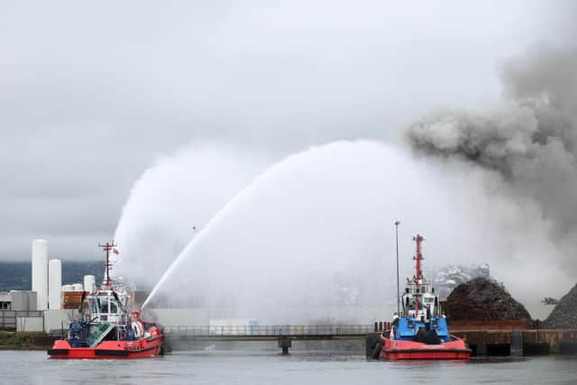 Emergency services are at the scene of a major blaze  in the harbour area of Belfast this afternoon.  At least six fire appliances, including and an aerial platform, from stations across Co Antrim and Down are currently battling the fire.  A pilot boat on the river is also helping to extinguish the blaze.