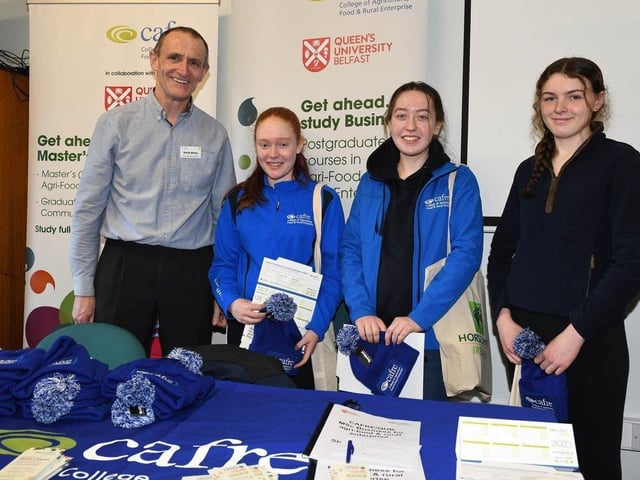 Kevin Henry, CAFRE talks to Level 3 students Lily Scott (Cookstown), Clodagh Lavery (Craigavon) and Emma Brow (Hillsborough) about postgraduate course opportunities at CAFRE.