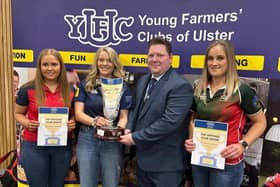 Adrianna Coulter being presented her club leader of the year prize from YFCU president. Picture: Straid YFC