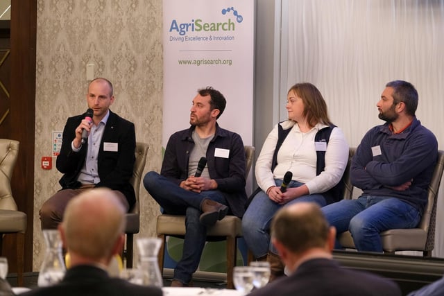 The AgriSearch Beacon Farmer panel at the AgriSearch Research and Innovation Needs Conference in Antrim. Included from left are: Matthew Dobson, Dungannon; David Thompson, Strabane; Samantha McCarroll, Fintona and Jonathan Blair, Ballykelly. Photograph: Columba O’Hare/ Newry.ie