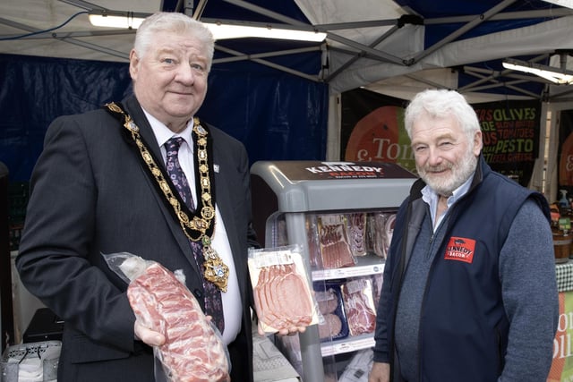 Mervyn Kennedy of Kennedy Bacon pictured with Mayor, Councillor Steven Callaghan at the award-winning Causeway Speciality Market. Pic: McAuley Multimedia