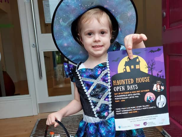 Three-year-old Felicity is looking forward to the Halloween fun taking place at Flowerfield Arts Centre in Portstewart and Roe Valley Arts and Cultural Centre in Limavady this October.