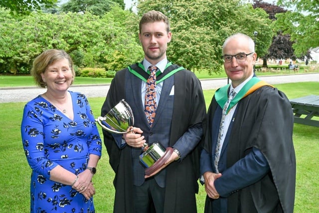 William Hendry (Richhill) received the Department of Agriculture, Environment and Rural Affairs Prize for top student on the BSc (Hons) Degree in Sustainable Agriculture course by Katrina Godfrey (Permanent Secretary, DAERA) and Martin McKendry (College Director, CAFRE) at the Greenmount Graduation Ceremony. Pic: CAFRE