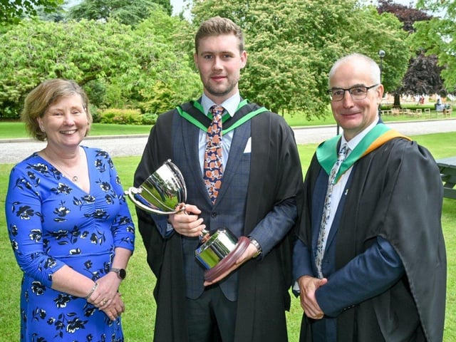 William Hendry (Richhill) received the Department of Agriculture, Environment and Rural Affairs Prize for top student on the BSc (Hons) Degree in Sustainable Agriculture course by Katrina Godfrey (Permanent Secretary, DAERA) and Martin McKendry (College Director, CAFRE) at the Greenmount Graduation Ceremony. Pic: CAFRE