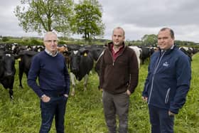 Ahead of Bank of Ireland Open Farm Weekend, George Higginson, Managing Director Northern Ireland and U.K. Strategic Partnerships at Bank of Ireland, met with Bank of Ireland customer and dairy farmer Hugh Harbison at Aghadowey Farm based outside Coleraine. Pictured on the visit is Richard Primrose, Agri-Business Manager, Bank of Ireland with Hugh Harbison and George Higginson.