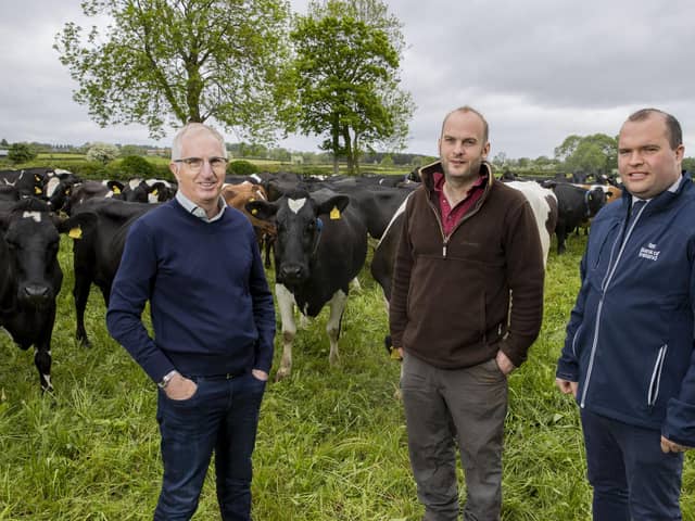 Ahead of Bank of Ireland Open Farm Weekend, George Higginson, Managing Director Northern Ireland and U.K. Strategic Partnerships at Bank of Ireland, met with Bank of Ireland customer and dairy farmer Hugh Harbison at Aghadowey Farm based outside Coleraine. Pictured on the visit is Richard Primrose, Agri-Business Manager, Bank of Ireland with Hugh Harbison and George Higginson.