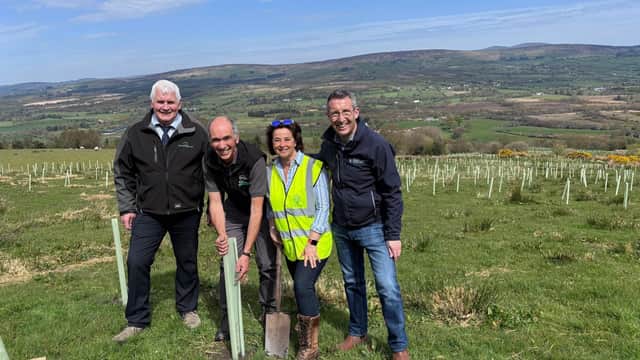 DAERA Minister Andrew Muir pictured at Lenamore Wood with (L-R) John Joe O'Boyle, Forest Service, John Griffin, Ulster Wildlife and Carolyn Trimble, IndiWoods.