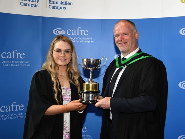 Shara O'Boyle (Coagh) collected the Samuel Geddis Perpetual Trophy presented in memory of the late Mr. Samuel Geddis at the Loughry Campus Further Education Awards Ceremony. The Cup was presented to the group of students who developed a food product with the greatest commercial potential. Fintan McCann (Head of Food Education, CAFRE) presented the trophy shared with the Avondale Challenge winning team members Alix Dalzell and Samanta Sviderskis. (Pic: CAFRE)