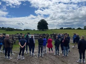 Andrew Clarke from Foyle Food Group speaking on the management of multi-species swards at the farm walk held at the farm of Wayne Acheson, Sandholes, Cookstown as part of the Multi-Species Swards “Science and Practice” event. Picture: AgriSearch