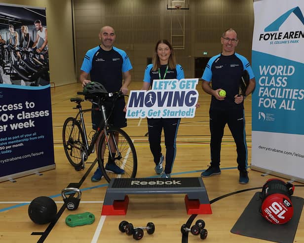Derry City and Strabane District Council’s fitness coaches Sean Hargan, Rosie O'Brien and Ron McGowan launching the ‘Let’s Get Moving, Let’s Get Started’ initiative at the Foyle Arena. Picture: Tom Heaney, NW Presspics