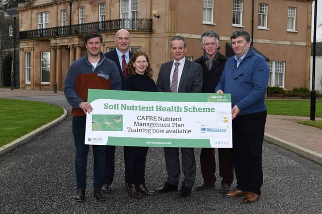 Launching the SNHS Nutrient Management Plan Training were Thomas Annett, beef and sheep farmer; John Clenaghan, UFU; Aveen McMullan, CAFRE; Paul McHenry, CAFRE; James Lowe; NIAPA and Alan Clelland, dairy farmer.