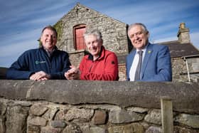 Pictured on Donagh Cottage Farm is farm host Brian Matthews (centre) with William Irvine (right), deputy president for the Ulster Farmers’ Union with a representative from Everun, one of the partners of this year’s Bank of Ireland Open Farm Weekend.