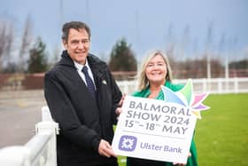 Launching the 2024 Balmoral Show in partnership with Ulster Bank is Cormac McKervey, Head of Agriculture, Ulster Bank and Rhonda Geary, Operations Director, RUAS. (Pic: Brian Thompson)