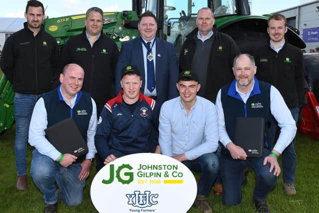 Co Tyrone competitors who took second place in the machinery handling competition with Johnston Gilpin representatives, YFCU president, Stuart Mills and judges from CAFRE