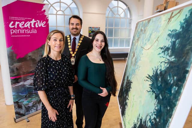 Mayor Alistair Cathcart with artist Maria Horvathova and Emily Crawford, Arts and Heritage Manager, Ards and North Down Borough Council.