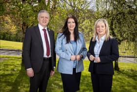 Pictured (L-R) is UFU president William Irvine with guest speakers at the UFU AGM, deputy First Minister Emma Little-Pengelly and First Minister Michelle O’Neill.