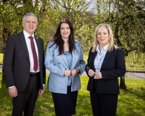Pictured (L-R) is UFU president William Irvine with guest speakers at the UFU AGM, deputy First Minister Emma Little-Pengelly and First Minister Michelle O’Neill.