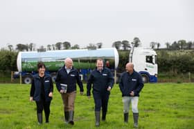 On the farm of Geraldine McDonnell (far left) and Alan McDonnell (far right), Drogheda, Co. Louth, are Lakeland Dairies’ chairperson Niall Matthews and CEO Colin Kelly launching the co-op’s new sustainability strategy, Pathway to a Better Future which aims to reduce on farm and factory emissions by 30 pc before the end of the decade. Picture by Patrick Bolger, NO REPRO FEE / FREE TO USE.