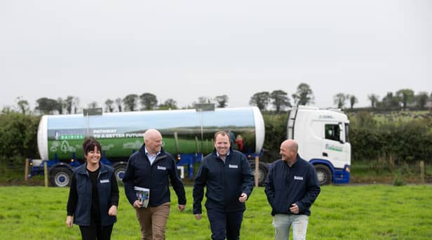 On the farm of Geraldine McDonnell (far left) and Alan McDonnell (far right), Drogheda, Co. Louth, are Lakeland Dairies’ chairperson Niall Matthews and CEO Colin Kelly launching the co-op’s new sustainability strategy, Pathway to a Better Future which aims to reduce on farm and factory emissions by 30 pc before the end of the decade. Picture by Patrick Bolger, NO REPRO FEE / FREE TO USE.