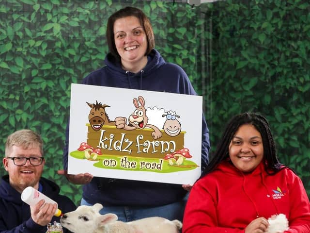 Kenny and Noelle Walsh from Kidz Farm are joined by Takara Earle–O’Callaghan as they celebrate joining the new Children’s Area at the Balmoral Show