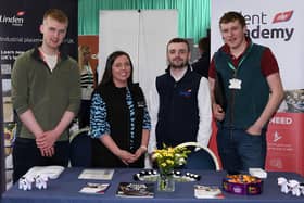 James Fleming (Newtownstewart), BSc (Hons) Degree in Sustainable Agriculture student and Josh Hamilton (Castlederg), Level 3 Advanced Technical Extended Diploma in Agriculture student talked to ABP representatives Joanne Ferguson and Cathal McGinley when they attended the Opportunities in Agriculture careers event. (Pic: CAFRE)