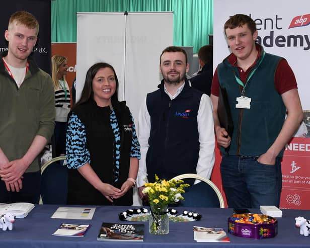 James Fleming (Newtownstewart), BSc (Hons) Degree in Sustainable Agriculture student and Josh Hamilton (Castlederg), Level 3 Advanced Technical Extended Diploma in Agriculture student talked to ABP representatives Joanne Ferguson and Cathal McGinley when they attended the Opportunities in Agriculture careers event. (Pic: CAFRE)