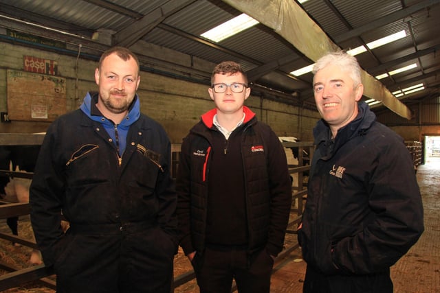 Pictured at the April Dungannon Dairy Sale are Andrew Moore and Stuart Smith, with David Henderson, centre, Moore Concrete, sponsor. Picture: Julie Hazelton