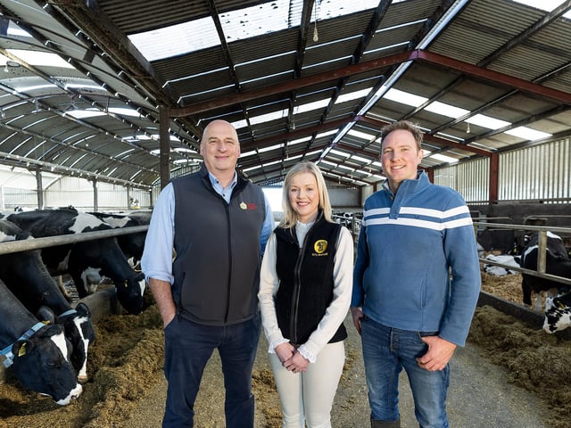 Pictured on Craighall Farm in Antrim are John McLenaghan Deputy President Ulster Farmers’ Union, Lauren Finlay Regional Manager NFU Mutual and farm host William Clark.