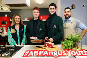 Lisa Burrows, ABP Northern Ireland with students Edward McKay and Frank Hanna of Down High School, Downpatrick and Duane Kille, operations manager, Kettyle Irish Foods pictured at the Lismullin Cookery School, Navan, Co Meath. Picture: ABP