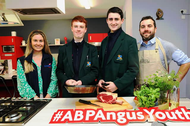 Lisa Burrows, ABP Northern Ireland with students Edward McKay and Frank Hanna of Down High School, Downpatrick and Duane Kille, operations manager, Kettyle Irish Foods pictured at the Lismullin Cookery School, Navan, Co Meath. Picture: ABP