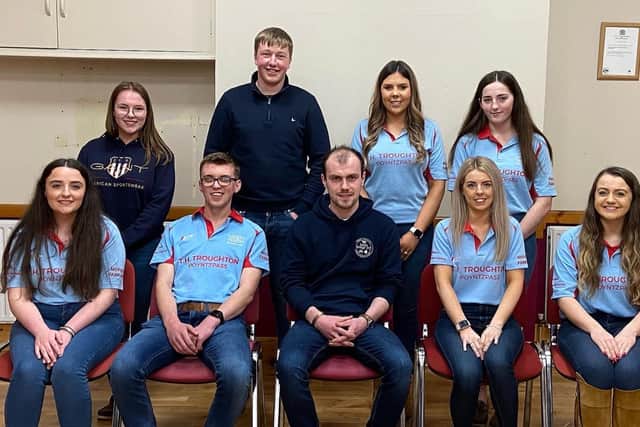 Bleary YFC's new officials for the 2023/24 year. Standing from left, assistant PRO Jessica Minish, assistant leader Harry Givan, assistant secretary Sarah Spence and assistant treasurer Lucy Morton. Seated from left, PRO Amy Ritchie, leader Ben Allen, Armagh chairperson Matthew Livingstone, secretary Zoe Maguire and treasurer Helen Laird