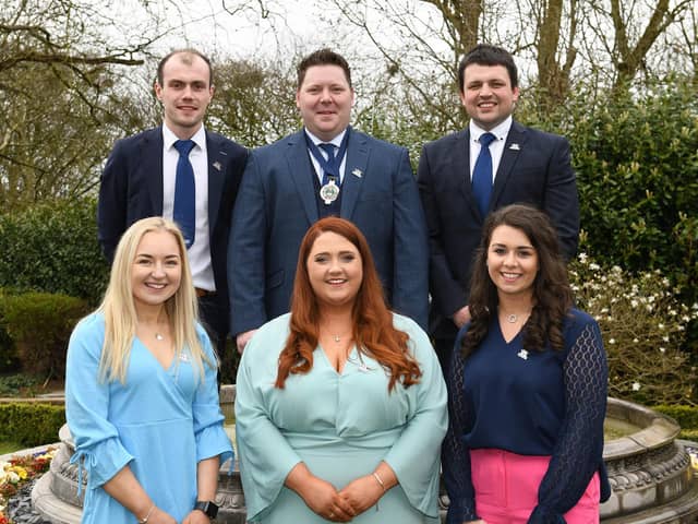 YFCU presidential team 2023/2024, newly elected president, Stuart Mills, centre, and deputy president, Richard Beattie, right, with vice president, Matthew Livingstone (left). Front row left to right, Vice presidents, Rachel Smith, Shannen Vance and Kristina Fleming