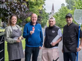 Pictured at the launch of this year's Moira Speciality Food Fair are, Rebecca Vance, RARE Grazing NI, Councillor John Laverty MBE, chairman of the Regeneration & Growth Committee, Aaron Heasley, Moon Gelato and Massimo Fierro, Pizza Street. Picture: LCCC