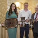 David and Rebecca Simpson, Damm Herd, Lisburn,  collected an array of silverware at Holstein NI’s 23rd annual dinner in Ballymena. They are pictured with guest Michael Smale, chairman, Holstein UK.Picture: Kevin McAuley/McAuley Multimedia